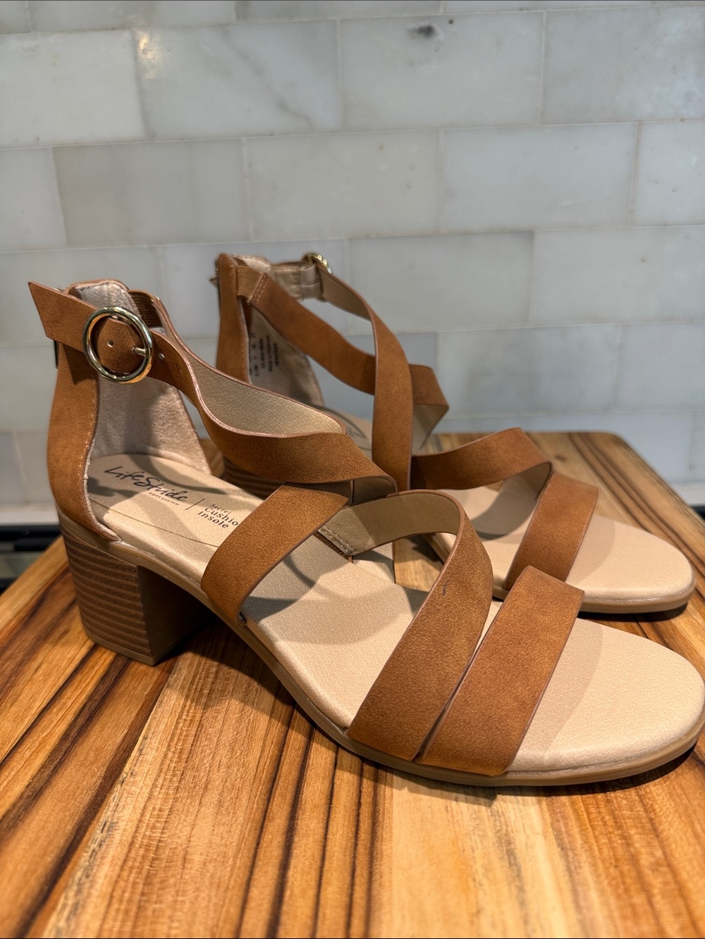 Life Stride Tan Brown Strappy Block Heel Sandals